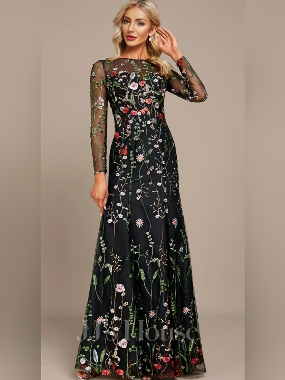 JJs House Black Multi-Color Embroidered Floral Overlay Gown-Size 2